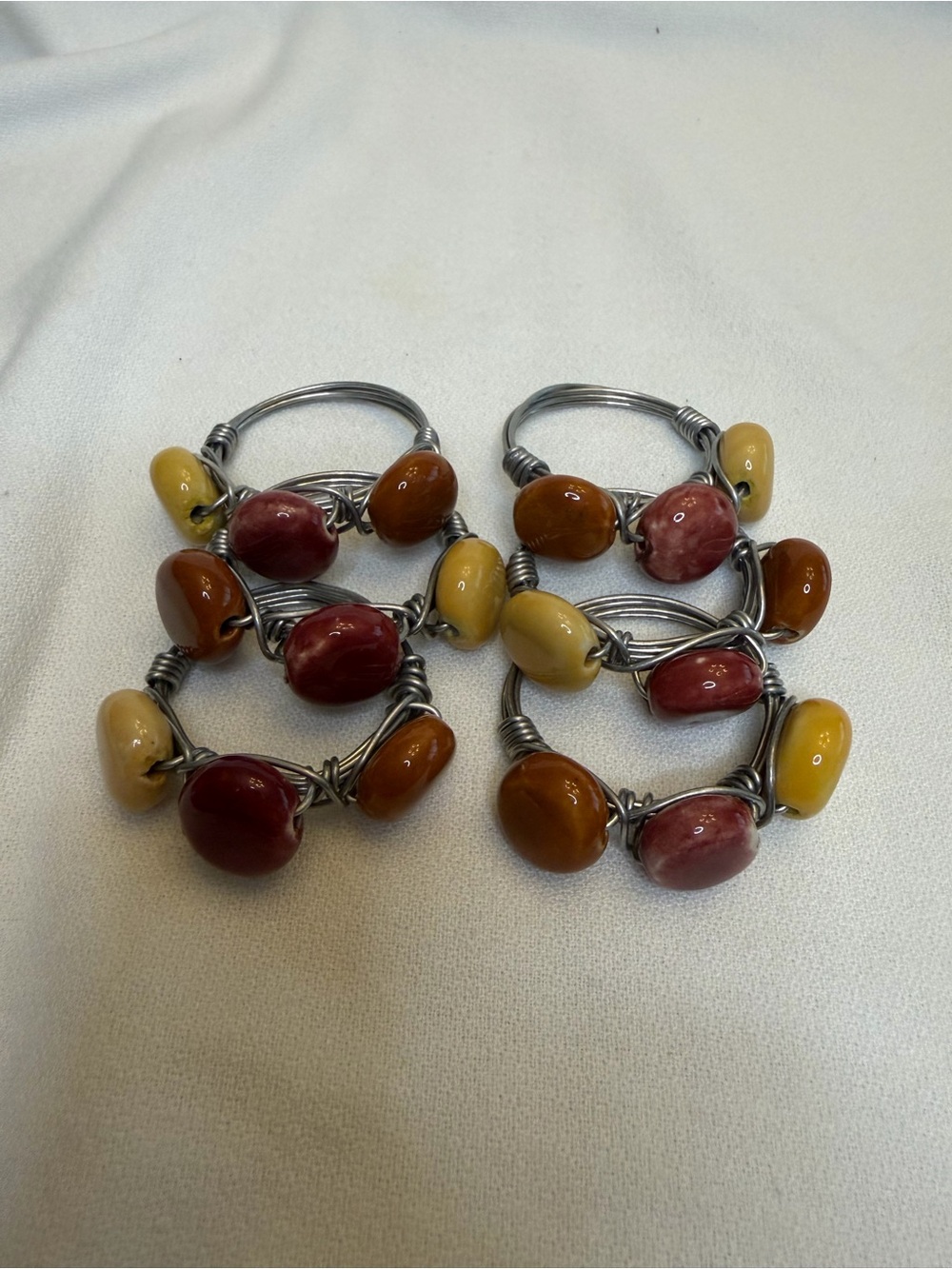 Vintage Earth Tone Wire-Wrapped Ceramic Napkin Rings - Set of 6 - Picture 4 of 5